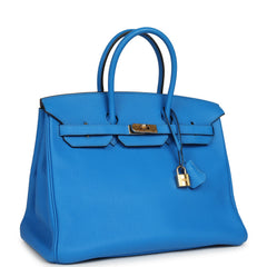 Pre-owned Hermes Birkin 35 Bleu Hydra Clemence Gold Hardware