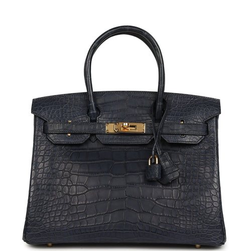 Pre-owned Hermes Birkin 30 Bleu Indigo Matte Alligator Gold Hardware