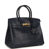 Pre-owned Hermes Birkin 30 Bleu Indigo Matte Alligator Gold Hardware