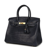 Pre-owned Hermes Birkin 30 Bleu Indigo Matte Alligator Gold Hardware