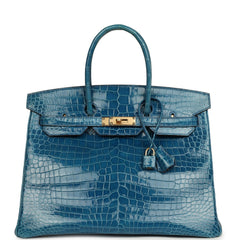 Pre-owned Hermes Birkin 35 Mykonos Shiny Porosus Crocodile Gold Hardware