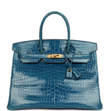 Pre-owned Hermes Birkin 35 Mykonos Shiny Porosus Crocodile Gold Hardware - Thumbnail View 1