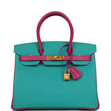 Hermes Special Order (HSS) Birkin 30 Bleu Paon and Rose Poupre Brushed Gold Hardware - Thumbnail View 1