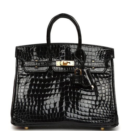 Pre-owned Hermes Birkin 25 Black Shiny Porosus Crocodile Gold Hardware