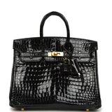 Pre-owned Hermes Birkin 25 Black Shiny Porosus Crocodile Gold Hardware