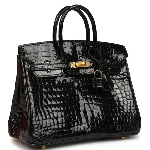 Pre-owned Hermes Birkin 25 Black Shiny Porosus Crocodile Gold Hardware