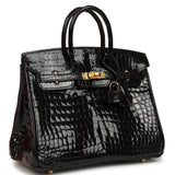 Pre-owned Hermes Birkin 25 Black Shiny Porosus Crocodile Gold Hardware