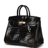 Pre-owned Hermes Birkin 25 Black Shiny Porosus Crocodile Gold Hardware