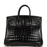 Pre-owned Hermes Birkin 25 Black Shiny Porosus Crocodile Gold Hardware