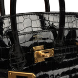 Pre-owned Hermes Birkin 25 Black Shiny Porosus Crocodile Gold Hardware