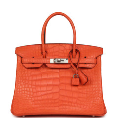 Pre-owned Hermes Birkin 30 Orange Poppy Matte Alligator Palladium Hardware