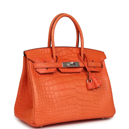 Pre-owned Hermes Birkin 30 Orange Poppy Matte Alligator Palladium Hardware