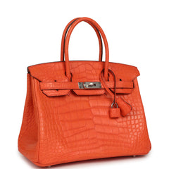 Pre-owned Hermes Birkin 30 Orange Poppy Matte Alligator Palladium Hardware