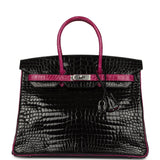 Pre-owned Hermes Special Order (HSS) Birkin 35 Rose Pourpre and Black Shiny Porosus Crocodile Palladium Hardware