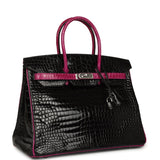 Pre-owned Hermes Special Order (HSS) Birkin 35 Rose Pourpre and Black Shiny Porosus Crocodile Palladium Hardware