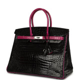 Pre-owned Hermes Special Order (HSS) Birkin 35 Rose Pourpre and Black Shiny Porosus Crocodile Palladium Hardware