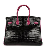 Pre-owned Hermes Special Order (HSS) Birkin 35 Rose Pourpre and Black Shiny Porosus Crocodile Palladium Hardware