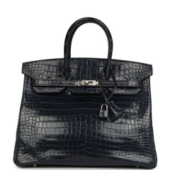 Pre-owned Hermes Birkin 35 Bleu Abysse Shiny Porosus Crocodile Palladium Hardware