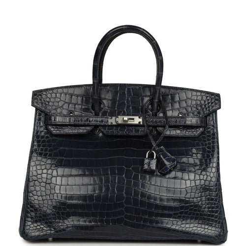 Pre-owned Hermes Birkin 35 Bleu Abysse Shiny Porosus Crocodile Palladium Hardware