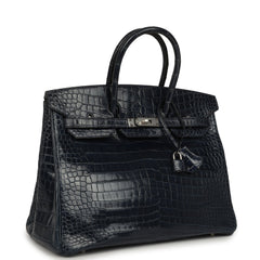 Pre-owned Hermes Birkin 35 Bleu Abysse Shiny Porosus Crocodile Palladium Hardware