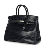 Pre-owned Hermes Birkin 35 Bleu Abysse Shiny Porosus Crocodile Palladium Hardware