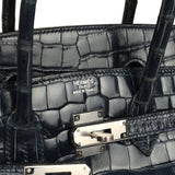 Pre-owned Hermes Birkin 35 Bleu Abysse Shiny Porosus Crocodile Palladium Hardware