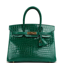 Pre-owned Hermes Birkin 30 Vert Emerald Shiny Niloticus Crocodile Gold Hardware