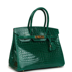 Pre-owned Hermes Birkin 30 Vert Emerald Shiny Niloticus Crocodile Gold Hardware