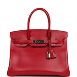 Pre-owned Hermes Birkin 30 Rouge Vif Tadelakt Palladium Hardware