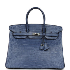 Pre-owned Hermes Birkin 35 Bleu Brighton Matte Porosus Crocodile Palladium Hardware
