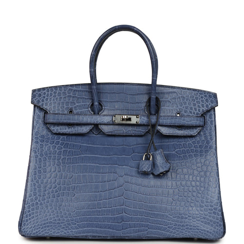Pre-owned Hermes Birkin 35 Bleu Brighton Matte Porosus Crocodile Palladium Hardware