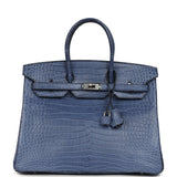 Pre-owned Hermes Birkin 35 Bleu Brighton Matte Porosus Crocodile Palladium Hardware