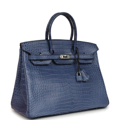 Pre-owned Hermes Birkin 35 Bleu Brighton Matte Porosus Crocodile Palladium Hardware