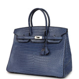 Pre-owned Hermes Birkin 35 Bleu Brighton Matte Porosus Crocodile Palladium Hardware