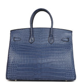 Pre-owned Hermes Birkin 35 Bleu Brighton Matte Porosus Crocodile Palladium Hardware