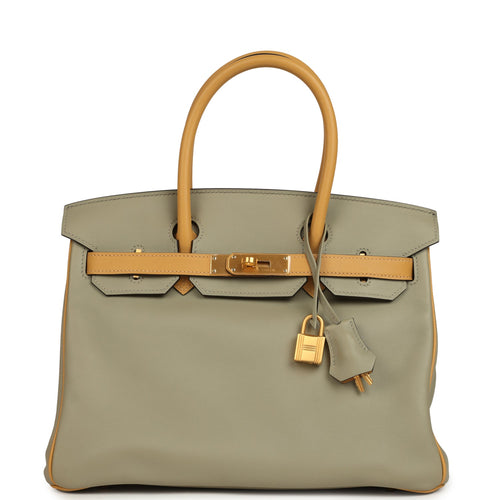 Pre-owned Hermes Special Order (HSS) Birkin 30 Gris Tourterelle and Paille Swift Brushed Gold Hardware
