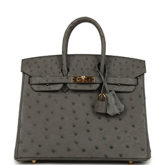 Pre-owned Hermes Birkin 25 Gris Meyer Ostrich Gold Hardware
