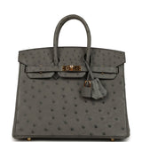 Pre-owned Hermes Birkin 25 Gris Meyer Ostrich Gold Hardware - Thumbnail View 1