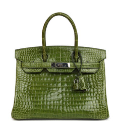 Pre-owned Hermes Birkin 30 Vert Pelouse Shiny Porosus Crocodile Palladium Hardware