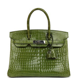 Pre-owned Hermes Birkin 30 Vert Pelouse Shiny Porosus Crocodile Palladium Hardware - Thumbnail View 1