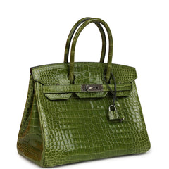 Pre-owned Hermes Birkin 30 Vert Pelouse Shiny Porosus Crocodile Palladium Hardware
