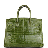 Pre-owned Hermes Birkin 30 Vert Pelouse Shiny Porosus Crocodile Palladium Hardware - Thumbnail View 4