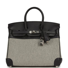 Pre-owned Hermes Birkin 25 Ecru-Black Toile H, Prunoir Swift Palladium Hardware