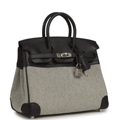 Pre-owned Hermes Birkin 25 Ecru-Black Toile H, Prunoir Swift Palladium Hardware