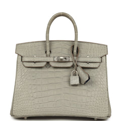 Pre-owned Hermes Special Order (HSS) Birkin 25 Gris Perle Matte Verso Alligator Brushed Palladium Hardware