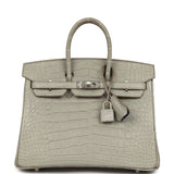 Pre-owned Hermes Special Order (HSS) Birkin 25 Gris Perle Matte Verso Alligator Brushed Palladium Hardware - Thumbnail View 1