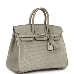 Pre-owned Hermes Special Order (HSS) Birkin 25 Gris Perle Matte Verso Alligator Brushed Palladium Hardware
