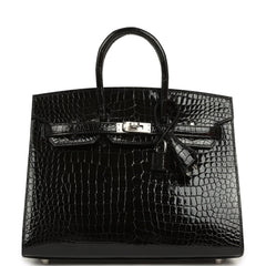 Pre-owned Hermes Birkin Sellier 25 Sellier Black Shiny Porosus Crocodile Palladium Hardware