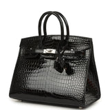 Pre-owned Hermes Birkin Sellier 25 Sellier Black Shiny Porosus Crocodile Palladium Hardware - Thumbnail View 5
