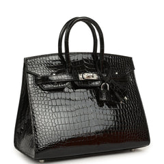 Pre-owned Hermes Birkin Sellier 25 Sellier Black Shiny Porosus Crocodile Palladium Hardware